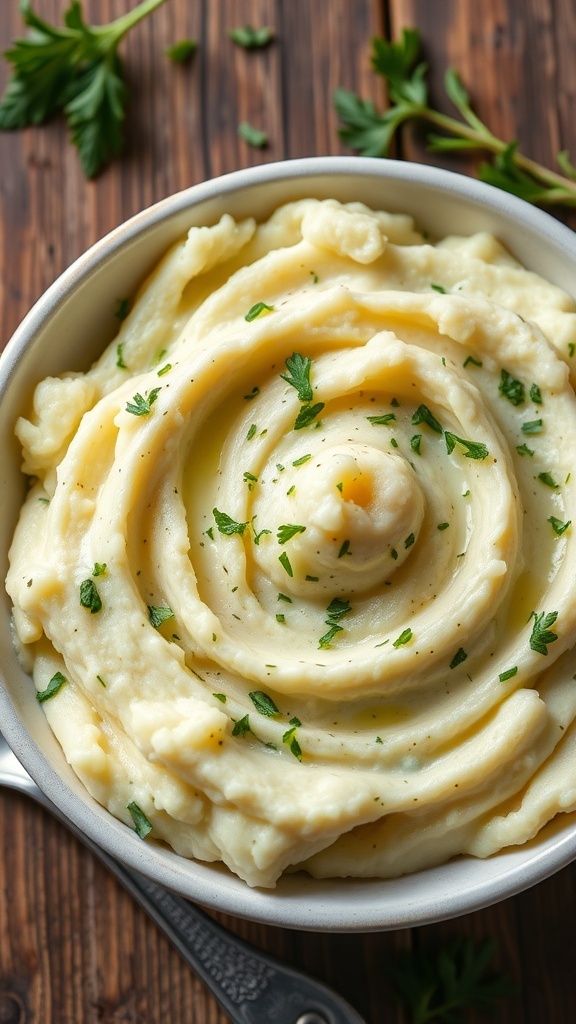 A bowl of creamy mashed potatoes with zucchini, garnished with herbs, on a rustic table.